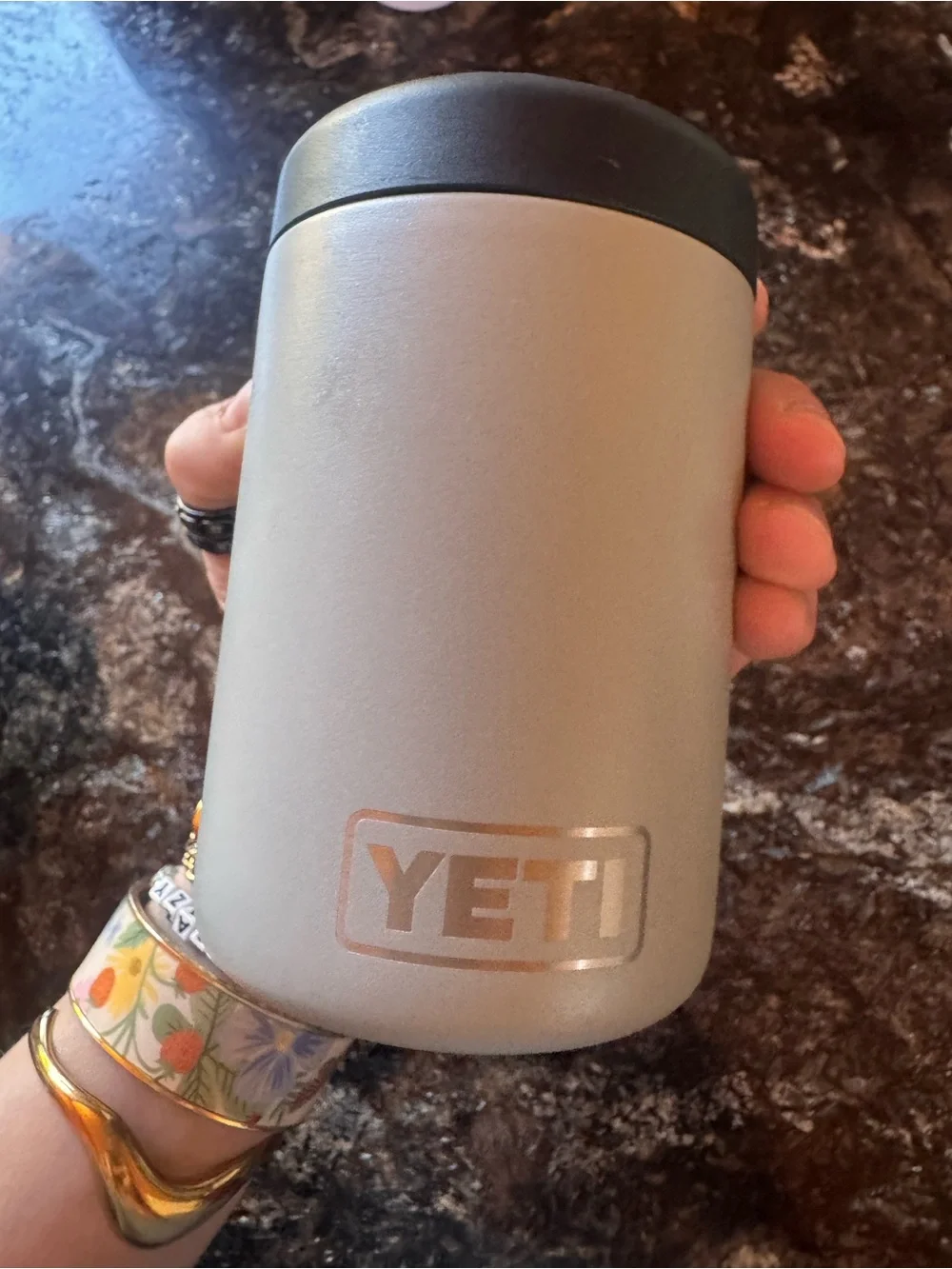 Yeti Gray Rambler Can Insulator with Black Lid